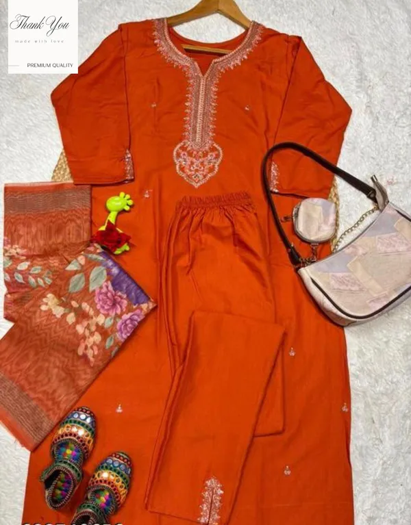 Orange_Embroidered_Ethnic_Suit_Set_With_Banarasi_Dupatta