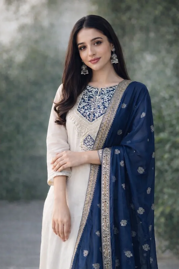 Elegant_Off_White_Anarkali_Suit_Set_With_Navy_Blue_Dupatta