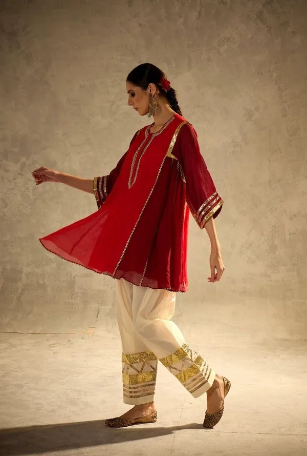 Red_Embroidered_Georgette_Kurti_With_White_Embellished_Pants_Traditional_Ethnic_Set