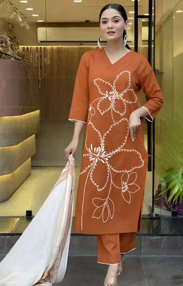 Orange_Floral_Embroidered_Kurta_Set_With_White_Dupatta