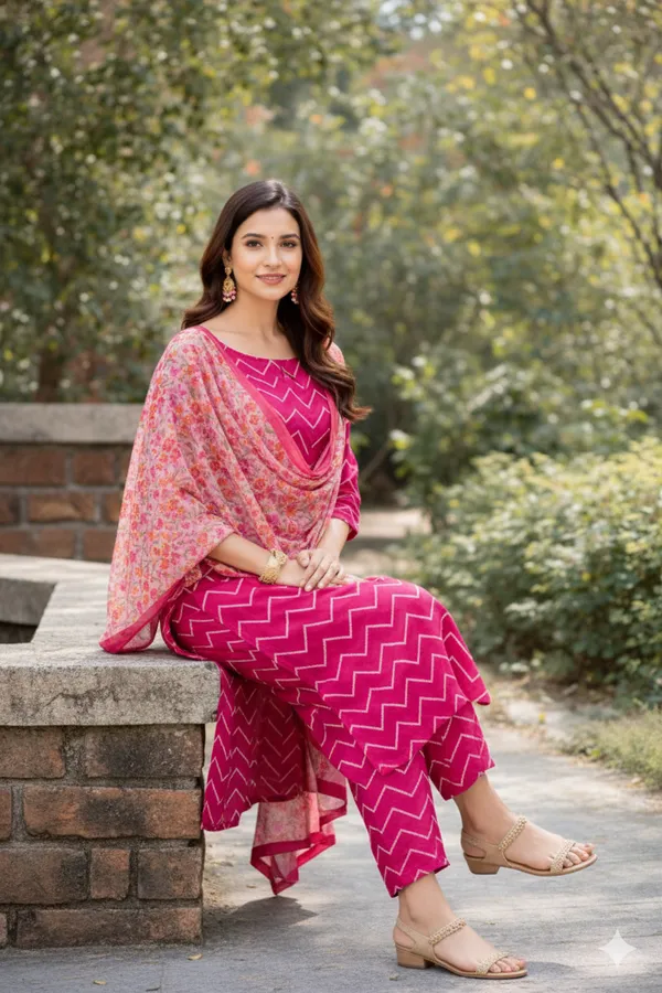 Pink_Chevron_Print_Kurta_Set_With_Floral_Dupatta_3_Piece_Ethnic_Wear_For_Women