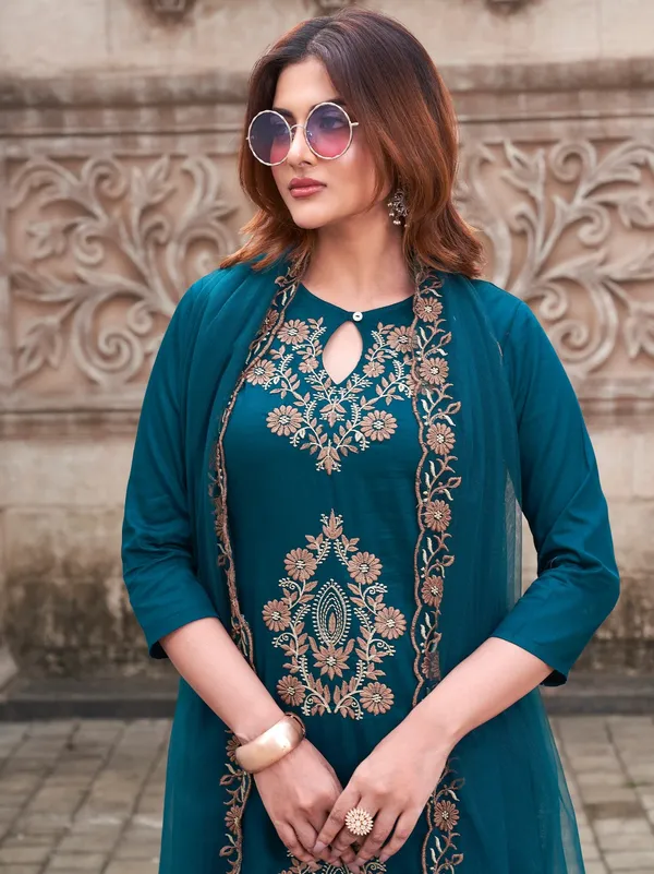 Teal_Blue_Embroidered_Georgette_Salwar_Suit_Set_With_Dupatta