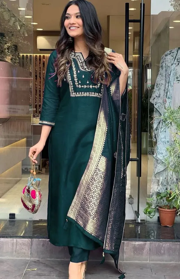 Teal_Green_Embroidered_Salwar_Suit_Set_With_Banarasi_Dupatta