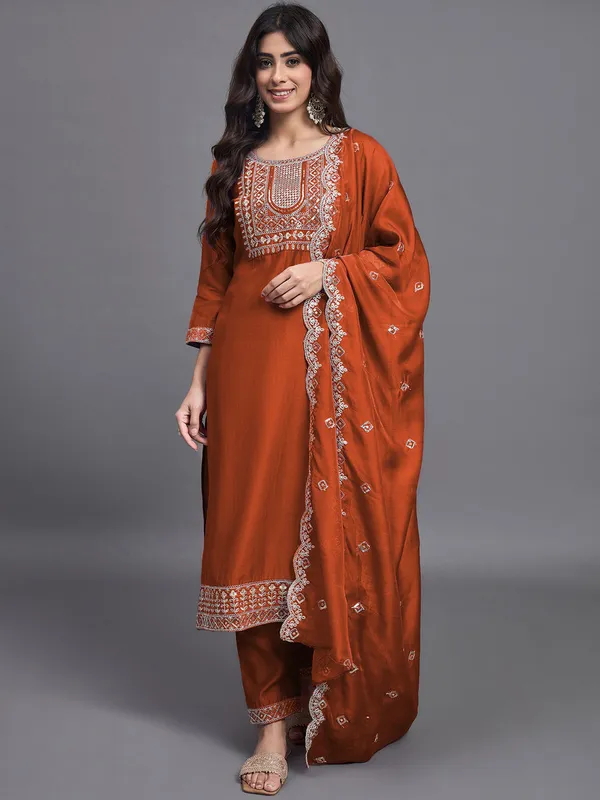 Rust_Orange_Embroidered_Kurta_Set_With_Dupatta_Ethnic_Wear_For_Women