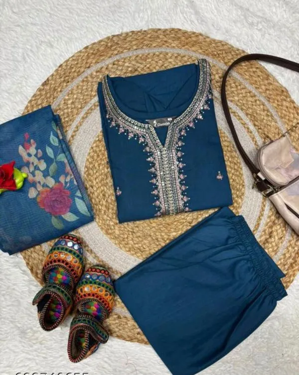 Teal_Blue_Embroidered_Chanderi_Silk_Kurta_Set_With_Floral_Dupatta