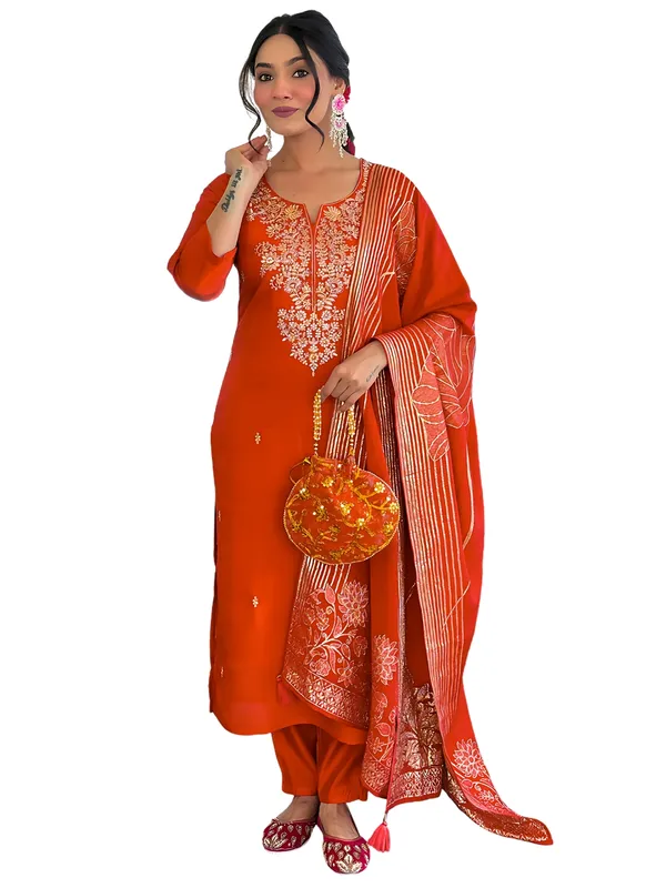 Orange_Embroidered_Roman_Silk_Kurti_Set_With_Dupatta