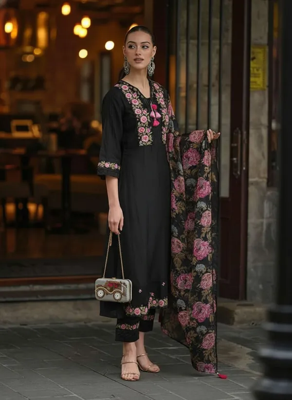 Black_Floral_Embroidered_Pakistani_Suit_Set_With_Pink_Tassels_3_Piece_Ethnic_Wear