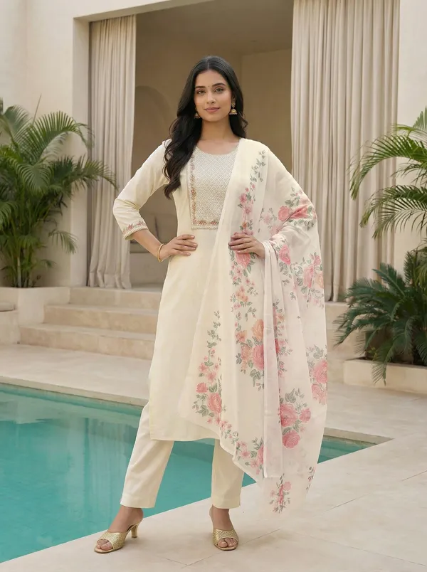 White_Embroidered_Kurta_Set_With_Floral_Dupatta