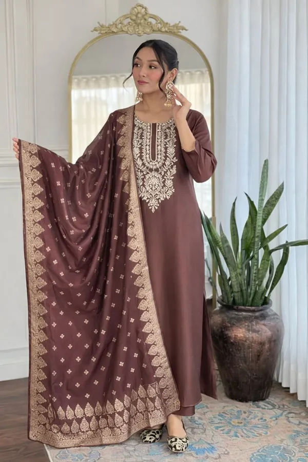 Brown_Embroidered_Ethnic_Suit_Set_With_Dupatta