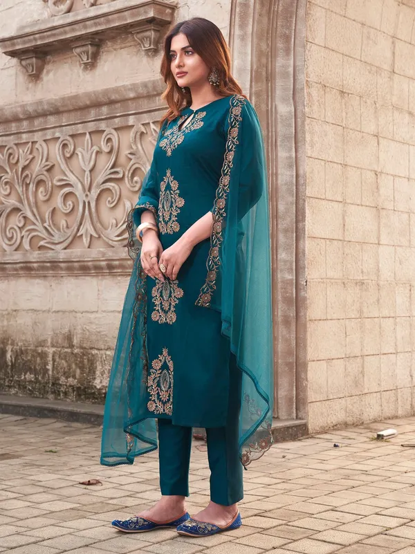 Teal_Blue_Embroidered_Georgette_Salwar_Suit_Set_With_Dupatta