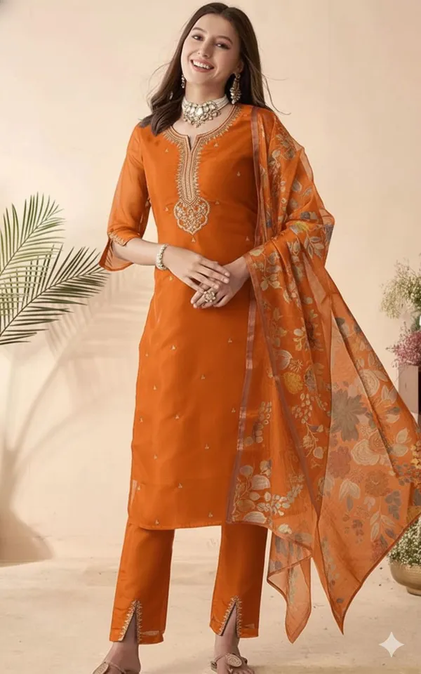 Orange_Embroidered_Salwar_Suit_Set_With_Floral_Dupatta