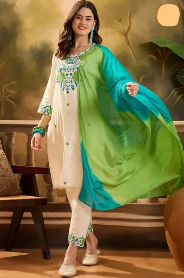 Elegant_White_Ethnic_Kurta_Set_With_Green_Embroidery_And_Gradient_Dupatta