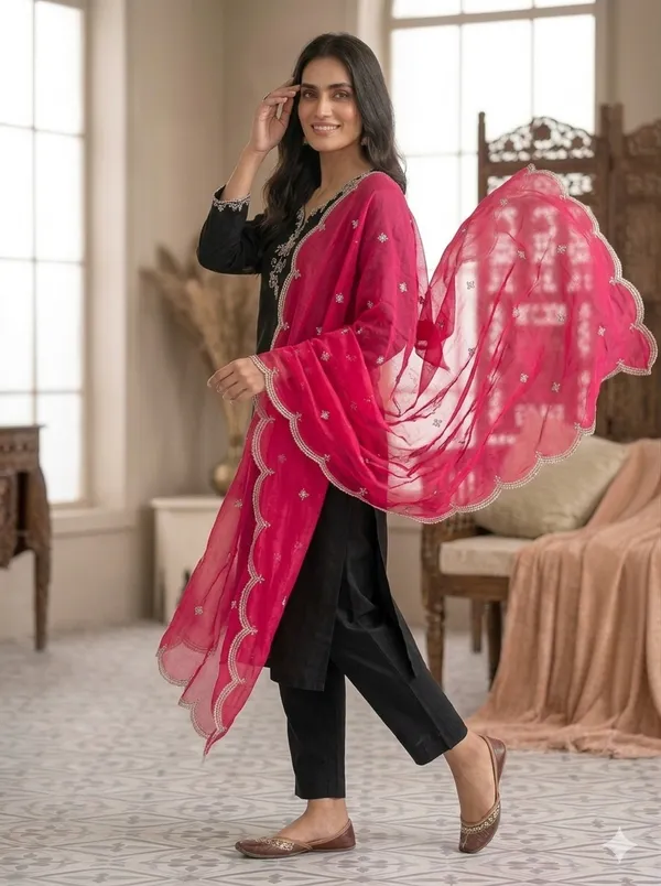 Black_Ethnic_Kurta_Set_With_Embroidered_Neckline_And_Pink_Dupatta