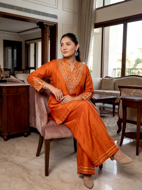 Women's_Orange_Embroidered_Kurta_Set_With_Palazzo_And_Dupatta