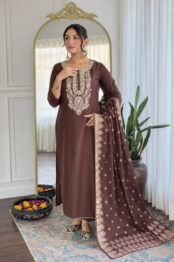 Brown_Embroidered_Ethnic_Suit_Set_With_Dupatta