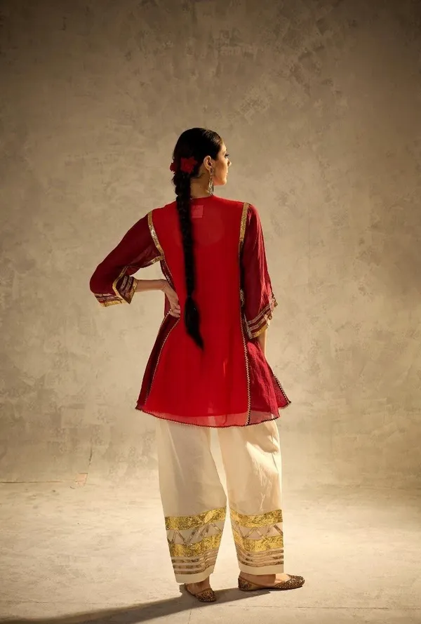 Red_Embroidered_Georgette_Kurti_With_White_Embellished_Pants_Traditional_Ethnic_Set