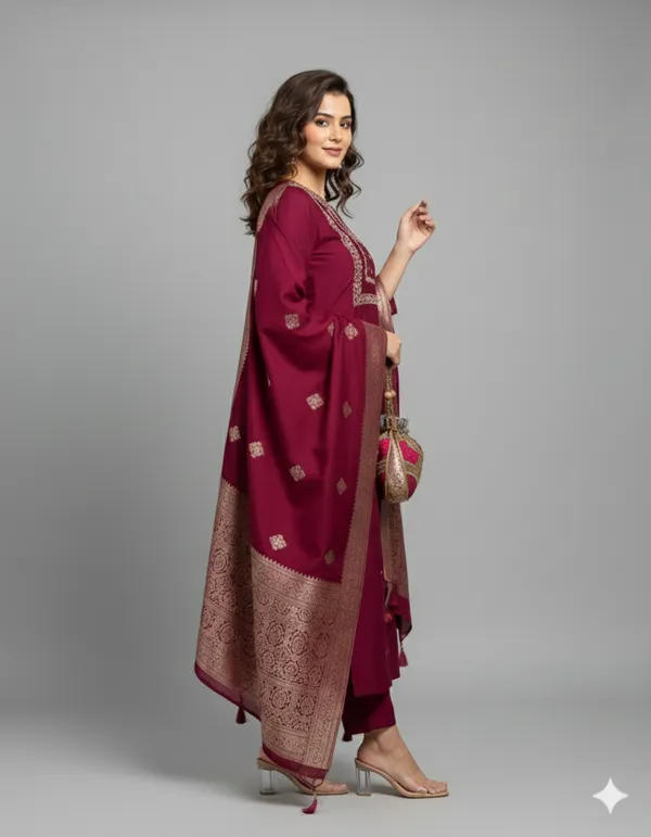 Maroon_Embroidered_Kurta_Set_With_Banarasi_Dupatta