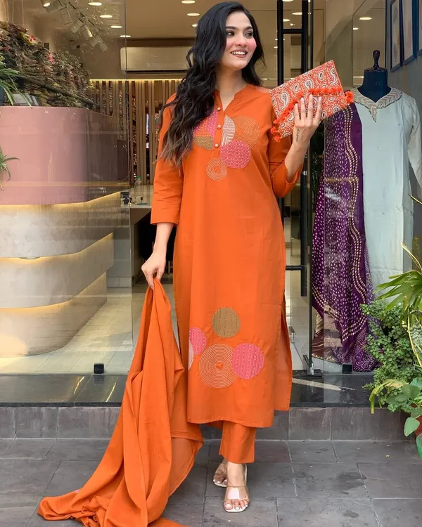 Orange_Kashmiri_Rayon_Slub_Kurti_Pant_Dupatta_Set_With_Chanderi_Cotton_Embroidery