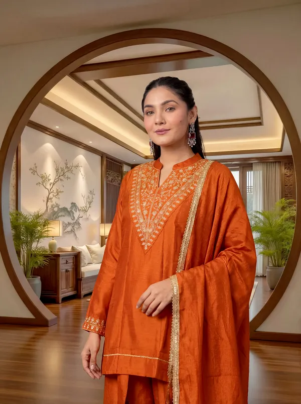 Women's_Orange_Embroidered_Kurta_Set_With_Palazzo_And_Dupatta