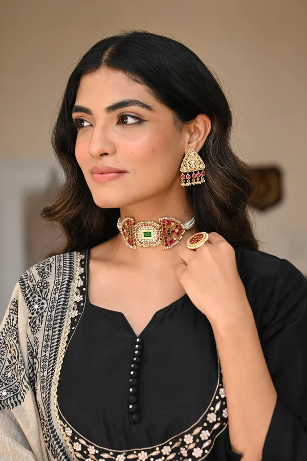 Black_Anarkali_Suit_Set_With_Embellished_Neckline_And_Printed_Dupatta