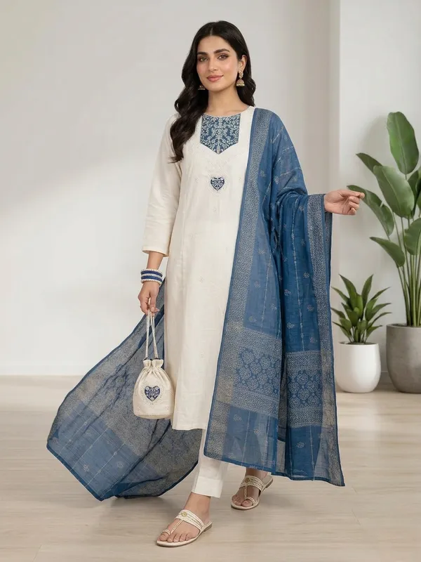 White_Kurta_Set_With_Blue_Embroidered_Dupatta_Ethnic_Wear_For_Women