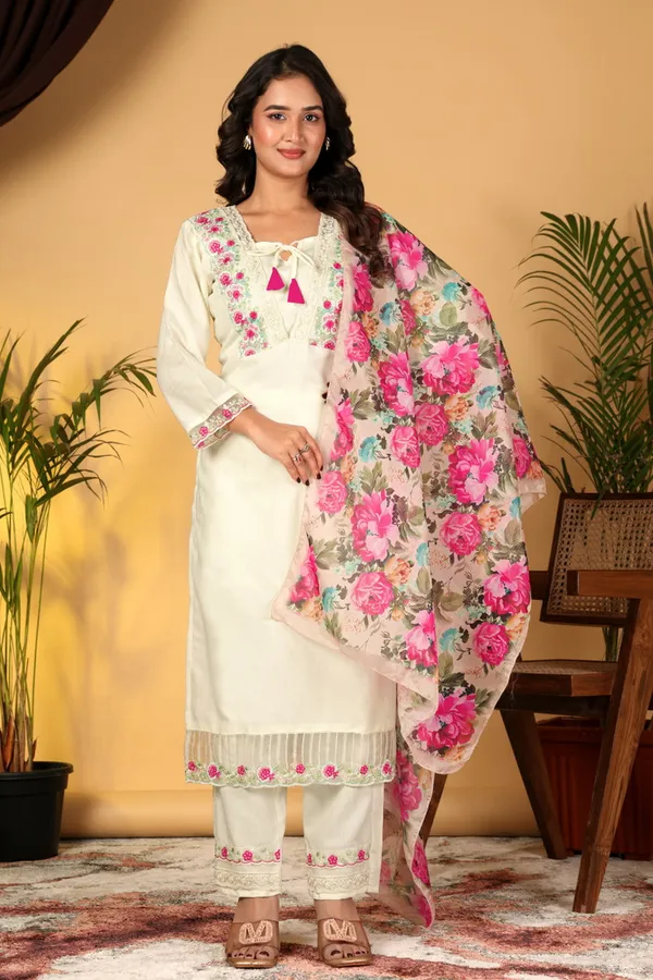 White_Embroidered_Kurta_Set_With_Floral_Dupatta_Women's_Ethnic_Wear