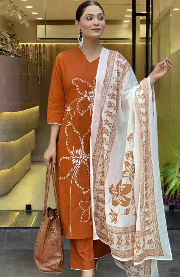 Orange_Floral_Embroidered_Kurta_Set_With_White_Dupatta