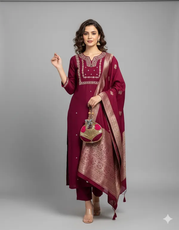 Maroon_Embroidered_Kurta_Set_With_Banarasi_Dupatta