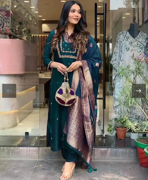 Teal_Green_Embroidered_Salwar_Suit_Set_With_Banarasi_Dupatta