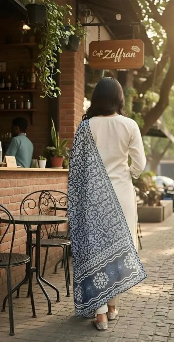 White_Embroidered_Cotton_Kurta_Set_With_Blue_Printed_Dupatta