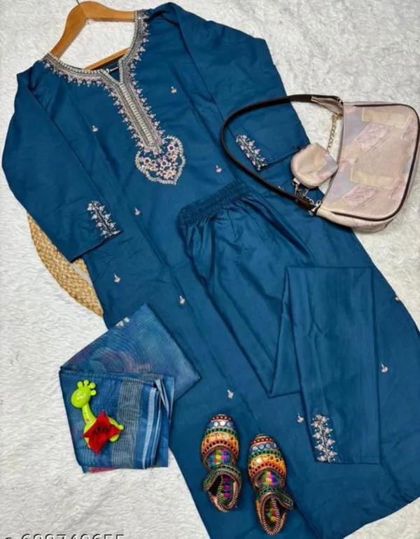 Teal_Blue_Embroidered_Chanderi_Silk_Kurta_Set_With_Floral_Dupatta