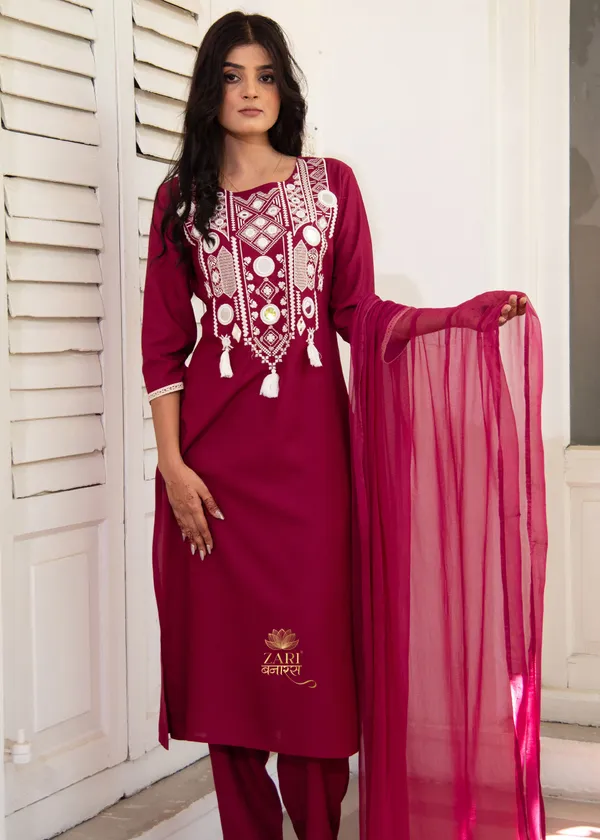 Maroon_Embroidered_Kurta_Set_With_Dupatta