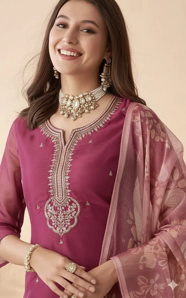 Women's_Ethnic_Straight_Kurta_Set_With_Embroidered_Dupatta_Magenta/Wine