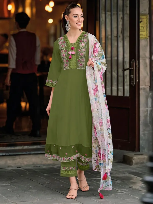 Olive_Green_Embroidered_Kurti_Set_With_Floral_Dupatta