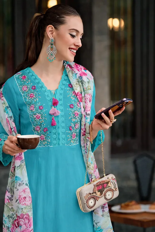 Turquoise_Blue_Embroidered_Kurta_Set_With_Floral_Dupatta