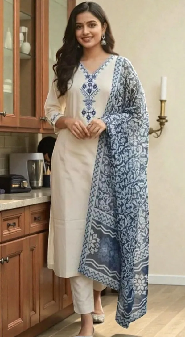 White_Embroidered_Cotton_Kurta_Set_With_Blue_Printed_Dupatta