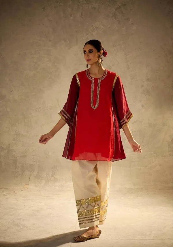 Red_Embroidered_Georgette_Kurti_With_White_Embellished_Pants_Traditional_Ethnic_Set