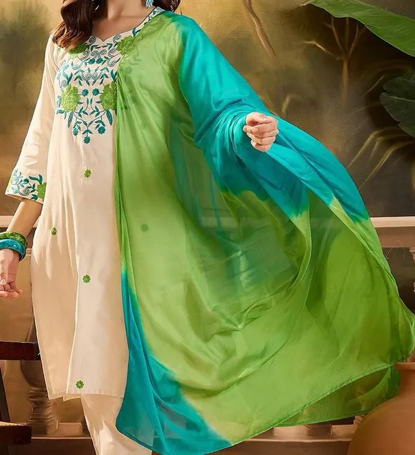 Elegant_White_Ethnic_Kurta_Set_With_Green_Embroidery_And_Gradient_Dupatta