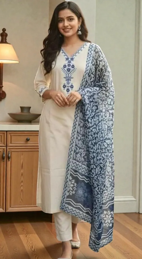 White_Embroidered_Cotton_Kurta_Set_With_Blue_Printed_Dupatta