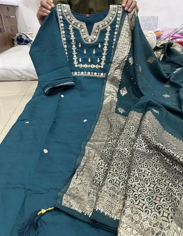 Teal_Green_Embroidered_Salwar_Suit_Set_With_Banarasi_Dupatta