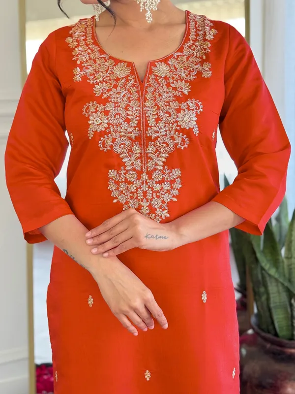 Orange_Embroidered_Roman_Silk_Kurti_Set_With_Dupatta