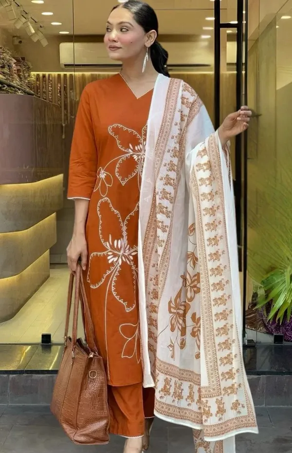 Orange_Floral_Embroidered_Kurta_Set_With_White_Dupatta
