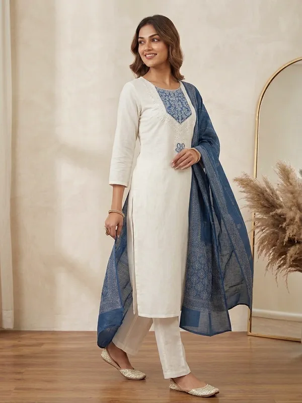 White_Kurta_Set_With_Blue_Embroidered_Dupatta_Ethnic_Wear_For_Women