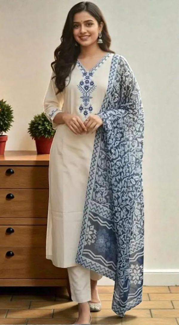 White_Embroidered_Cotton_Kurta_Set_With_Blue_Printed_Dupatta