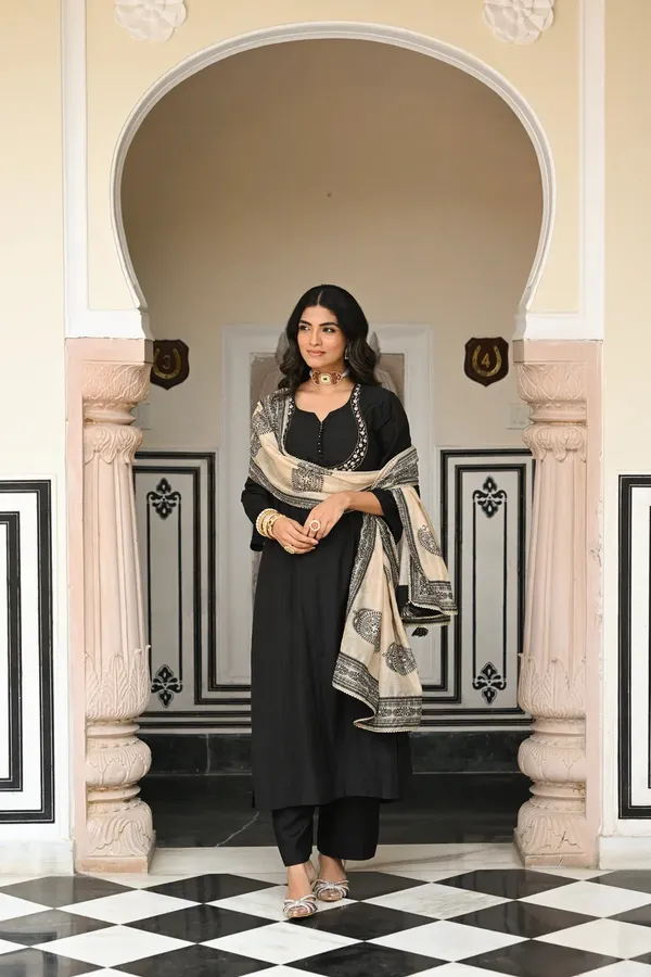 Black_Anarkali_Suit_Set_With_Embellished_Neckline_And_Printed_Dupatta