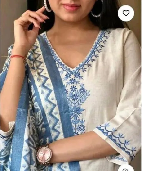 White_Embroidered_Cotton_Kurta_Set_With_Blue_Printed_Dupatta