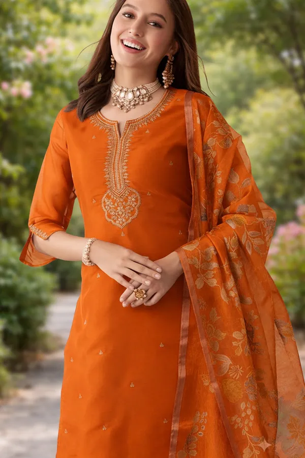 Orange_Embroidered_Salwar_Suit_Set_With_Floral_Dupatta