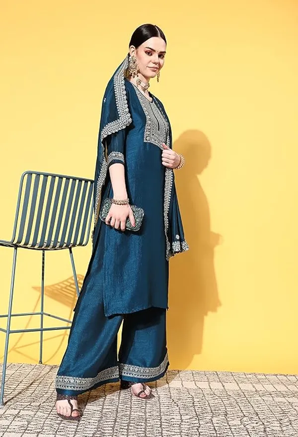 Teal_Blue_Embellished_Kurta_Palazzo_Set_With_Dupatta