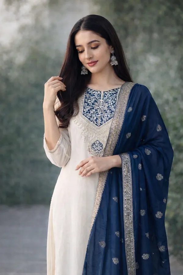 Elegant_Off_White_Anarkali_Suit_Set_With_Navy_Blue_Dupatta