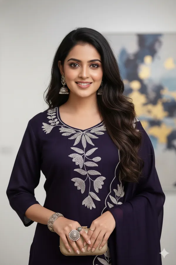Wine_Embroidered_Kurta_Set_With_Dupatta_Women's_Ethnic_Wear